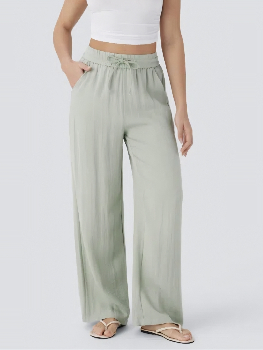 Halara High Waisted Wide Leg Drawstring Linen Feel Green Pants Boho Flowy Size S